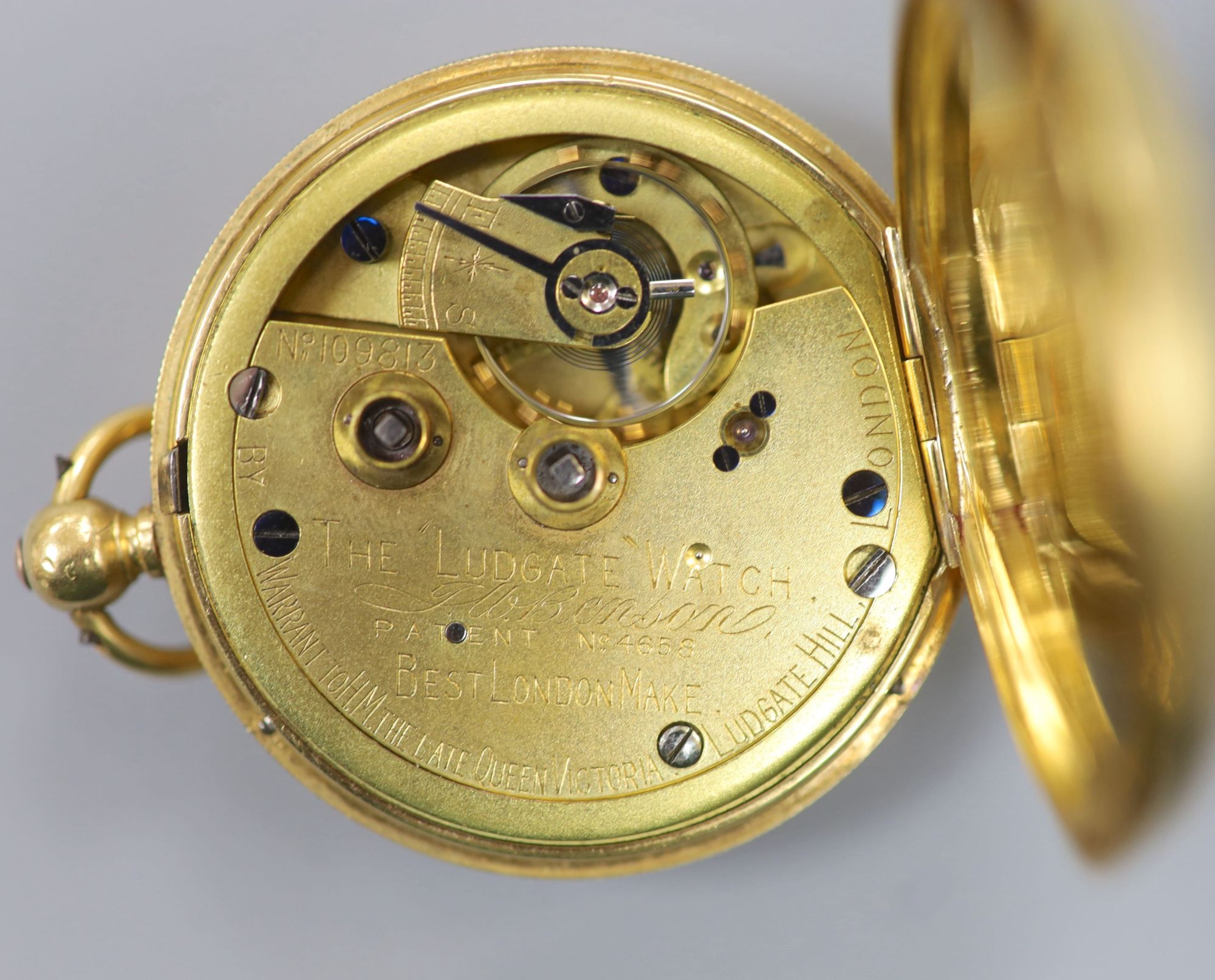 An Edwardian 18ct gold open faced J.W. Benson The Ludgate keywind lever pocket watch, case diameter 48mm, gross 115.3 grams.